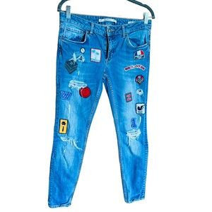 ZARA Premium Collection Patches Slim Fit Jeans Size 6  98% Cotton 2% Elastane